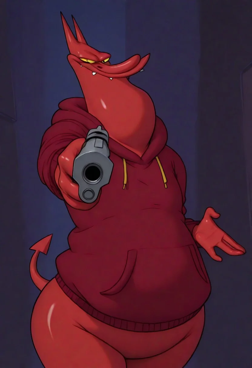 Masterpiece, best quality, highly detailed, absurdres, 1boy, solo, r3dguy, d3vil, devil, (pokemon) creature, red skin, tail, chubby, aiming gun at viwer, gunatyou, gold chain, hood, hoodie, dark alleyway background, night,