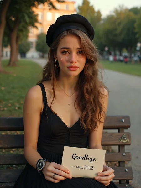Cinematic film still a woman sitting on a bench holding a sign that says goodbye to someone buzz on it's chest, Annabel Eyres, girl, a stock photo, video art, romanticism, concept art, shallow depth of field, vignette, highly detailed, high budget, bokeh, cinemascope, moody, epic, gorgeous, flux-style, film grain, grainy. <lora:add-detail-xl:.5> <lora:Flux-style-xl-lora:.5>