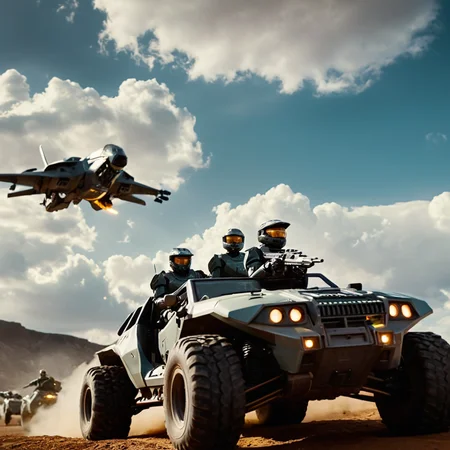 cinematic film still of <lora:add-detail-xl:1>0
<lora:detailed:0.3>
<lora:perfection style:0.3>
<lora:xl_more_art-full_v1:0.3>
<lora:halo style:0.9>
a group of people riding on top of a vehicle,1boy,weapon,sky,cloud,signature,gun,helmet,robot,ground vehicle,mecha,motor vehicle,science fiction,aircraft,spacecraft,laser , cinematic, filmic, dramatic light, sci fi, action themed, futuristic, halo style, shallow depth of field, vignette, highly detailed, high budget, bokeh, cinemascope, moody, epic, gorgeous, film grain, grainy