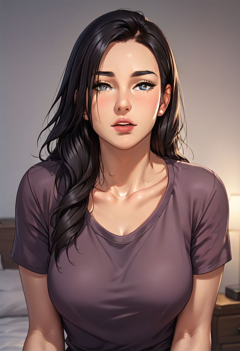 score_9, score_8_up, score_7_up, Manhwa_ami, woman, purple shirt, grey eyes , bedroom