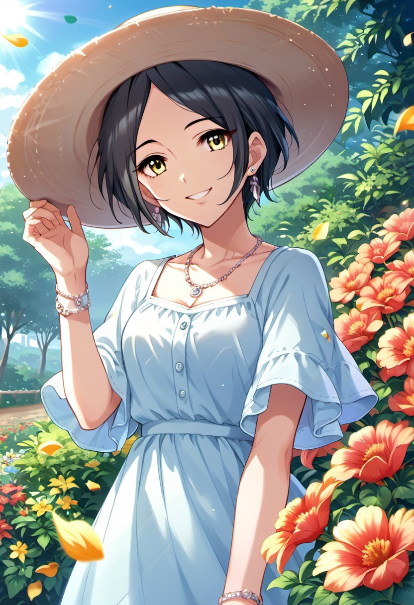score_9, score_8_up, score_7_up, source_anime, hayami kanade, short hair, yellow eyes, black hair, 1girl, jewelry, earrings, hat, flower, bracelet, solo, smile, necklace, petals, outdoors, sun hat