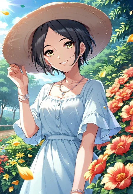 score_9, score_8_up, score_7_up, source_anime, hayami kanade, short hair, yellow eyes, black hair, 1girl, jewelry, earrings, hat, flower, bracelet, solo, smile, necklace, petals, outdoors, sun hat