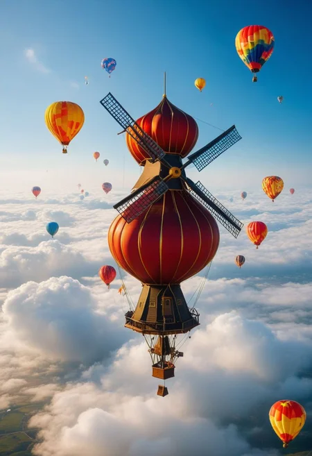 professional photograph, of a (flying_windmill , floating unsupported high in the sky above the clouds the highest_quality fully funtional windmill is flying), (feathers , kites, balloons in the breeze) realisticvision-negative-embedding, epiCRealism