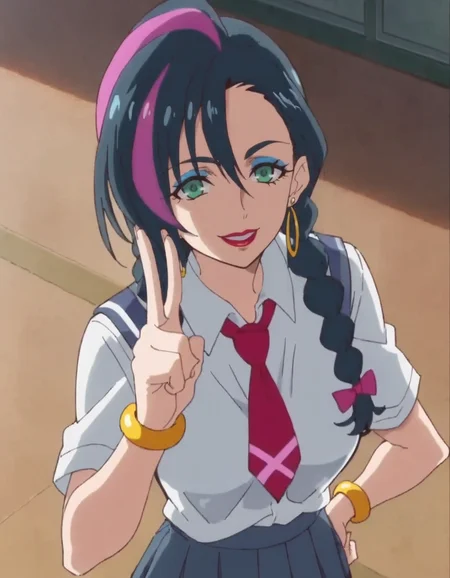 score_9, score_8_up, score_7_up, anime screencap, solo,1girl, earrings, braid,red necktie, school uniform, multicolored hair, long hair, breasts, bracelet, makeup, necklace, lipstick, green eyes, streaked hair, purple hair, looking at viewer, black hair, pink hair, cowboy shot,smile,peace sign,<lora:papple:0.8>
