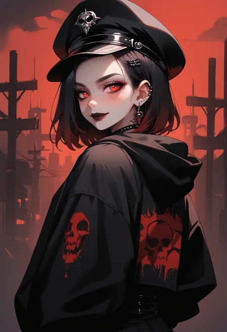 score_9, score_8_up, score_7_up, score_6_up, score_5_up, source_anime, feet, corset,peaked hat,hoodie, from_behind, evil_smile, looking_to_the_side, japanese,freckles,emo,succubus, red cornrows, <lora:attractive_notrigger:0.9>, <lora:egirlXLP:0.7>, egirl, <lora:gg3:0.8>, Goth girl, <lora:vibrant_dream:0.3>, <lora:LLDN:0.5>, LLDN, 1girl, solo, 2d