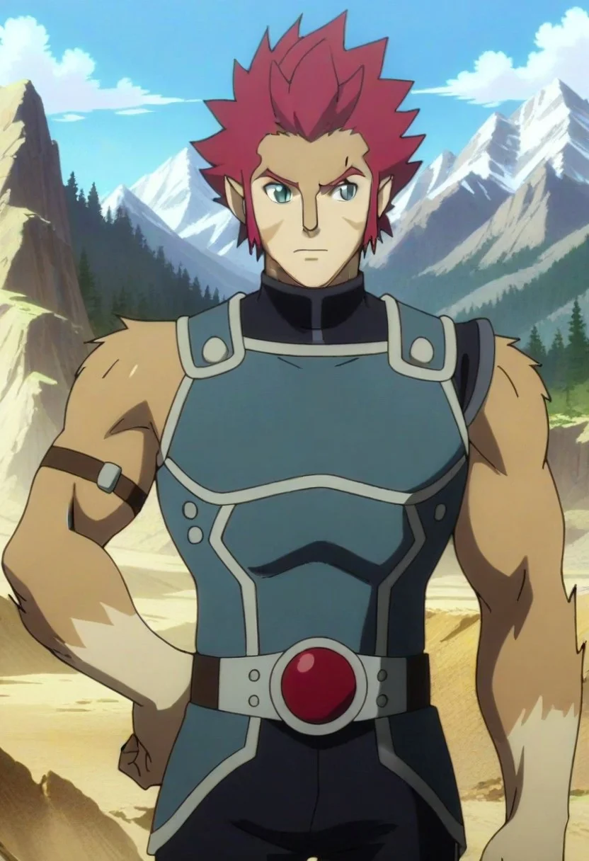((masterpiece)), ((best quality)), ((ultra-detailed)), ((absurdres)), score_9_up, score_8_up, score_7_up,
HD, top quality, best quality, amazing quality, High-quality illustrations, anime screencap, source_anime, best aesthetic, perfect proportions, perfect eyes, 1boy, 1male, solo boy, solo male, male focus, solo male focus, Anime, boy, male anime character, anime boy, handsome, cute, charming, sexy, good-looking, ((tall body, tall height)), ((hunk, fit body)), Lion-O, feline appearance, furry body, red hair, spiked hair, blue-green eyes, slit pupils, pointed ears, black turtleneck, blue armor, sleeveless, armband, red gem belt, blue pants, ((cowboy shot, head to hips shot)), ((rocky mountains, wide dry plains, blue sky, adventure)), updn, easynegative
