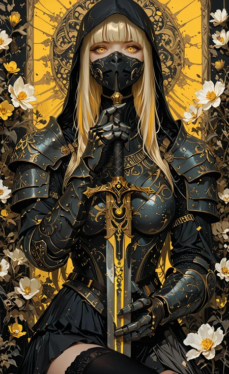 1girl, solo, long hair, breasts, looking at viewer, skirt, blonde hair, thighhighs, holding, yellow eyes, flower, weapon, black thighhighs, hood, sword, blunt bangs, holding weapon, armor, mask, holding sword, shoulder armor, gauntlets, mouth mask