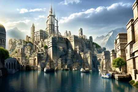 (masterpiece:1.2), (best quality,:1.2), 8k, HDR, ultra detailed, ((photorealistic)), professional light, cinematic lighting, fashion photography, ambient lighting, atmospheric effects, Numenor, a medieval fantasy harbour, some big ships, big statues, towers, walls, <lora:Numenor-10:1>, in the style of Middle Earth, Tolkien, Minas Tirith, epiCPhoto