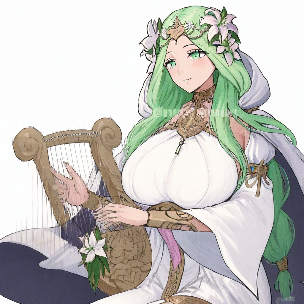 RheaValentine, long hair, green hair, hair flower, hair ornament, green eyes, white dress, large breasts, solo