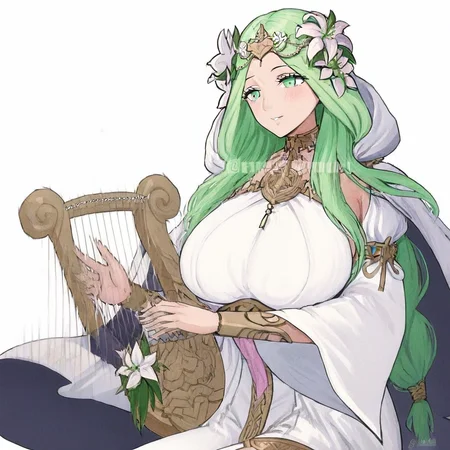 RheaValentine, long hair, green hair, hair flower, hair ornament, green eyes, white dress, large breasts, solo