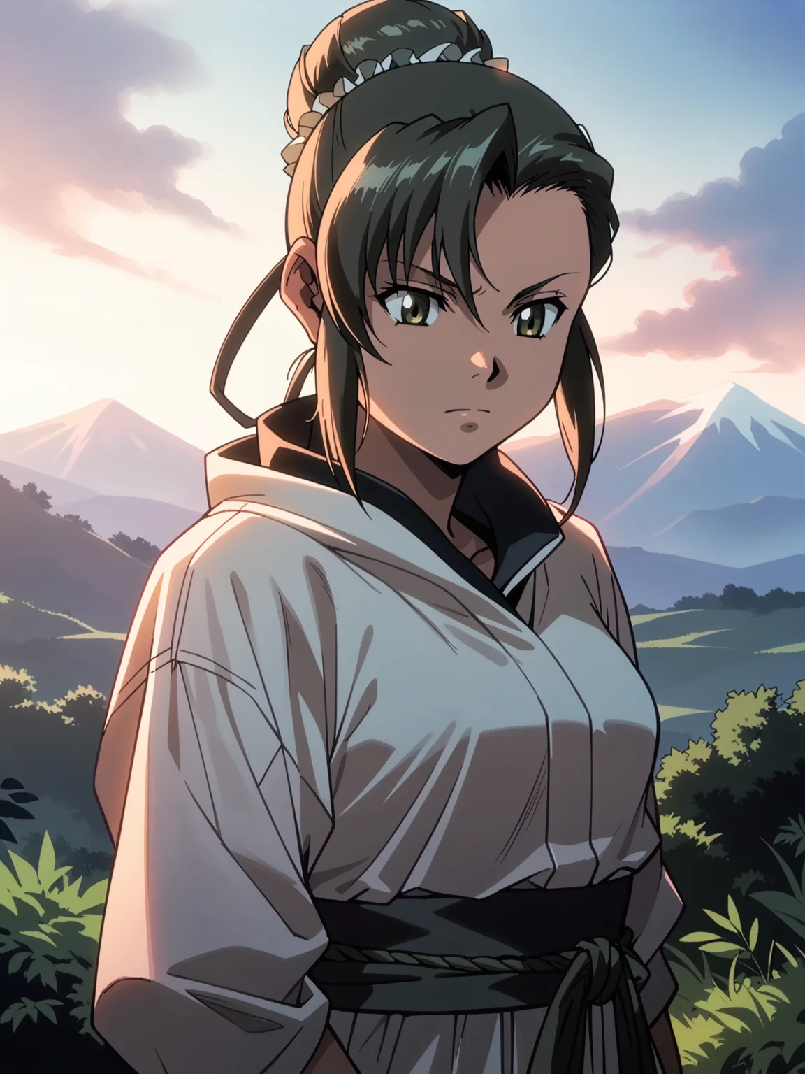 <lora:happy_tentacle-fabiola-v0.2-000026:1>, ht_fabiola, single hair bun, medium breasts, , (, solo:1.1) (petite:1.2), <lora:Shed_The_Skin's StS_age_slider_v1_initial_release:-1.1> ( , , ( :1.2) , , (looking down:1.2) :1) , outdoors, vegetation, (overgrown :1.1), spring \(season\) , (dusk :0.6), , (:0.5), , (gothic architecture :0.8), (mountain :1.2) ( :0.8) score_9, score_8_up, score_7_up, score_6_up, score_5_up, score_4_up, [(realistic, photorealistic:1.2):realistic:12], [(3d:1.2)::12], <lora:LUUNA's Lunas-NijiJourney-SDXL-B2:0.35>, nijijourney <lora:prgfrg23's Counterfeit-V3.0 Style SDXL_LoRA_Pony Diffusion V6 XL:0.35> <lora:mfcg's mfcgXL:0.12> <lora:reweik's gyokai(himehajime)_PonyXL_style_v01:0.14>