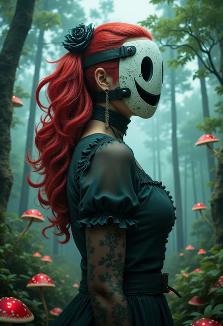 foggy, surreal dream, double exposure, living in a thunder cloud, bo-cityscape, bo-exposure, bo-cyberpunk, bo-steampunk, bo-abyss, a highly detailed digital artwork in a surreal, fantasy style, it features a young woman with striking features, wearing an old highrise_mask. She has long, wavy, vibrant red hair that cascades around her face and over the highrise_mask. Her outfit is a vintage, gothic-inspired outfit. The background is a dense forest with tall, leafy trees and dense foliage, creating a mystical, ethereal atmosphere, surrounding her are several small, red mushrooms with glowing red spots, adding a whimsical touch to the scene, the overall color palette is dominated by greens, blues, and grays, with a mix of cool and warm tones, enhancing the surreal and enchanting feel of the artwork.