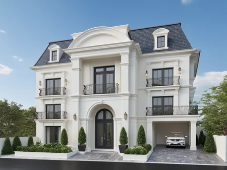 Architectural style Architectural style,  <lora:JJsClassicStyleHouse_XL:1>, ((Classic Style House)),(masterpiece) , ((best quality)), dramatic lighting, high quality outdoors, sky, day, cloud, tree, blue sky, building, scenery, road, real world location,  sunlight, enough detail, high resolution,super realistic, Photorealistic, highly detailed, balcony, plants, door, car, truck, parking slot, paving, . Clean lines, architectural drawing, highly detailed  , . Clean lines, geometric shapes, minimalist, modern, architectural drawing, highly detailed