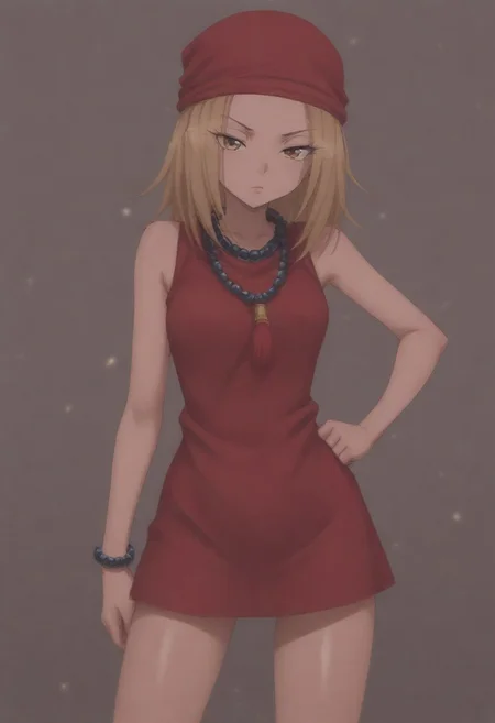 masterpiece, best quality, amazing quality,,, shiny skin,,,,,kojiann, short hair, blonde hair, brown eyes, short dress, sleeveless, bead necklace, red bandana, bracelet, <lora:Anna IXL 2-000013:1>