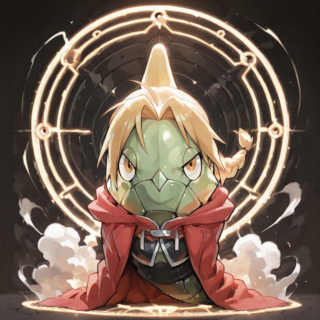 (masterpiece), (best quality), (ultra-detailed), green metapod, full body, front view, two eye visible, clothed pokemon, no hands, no, arms, no legs, no feet, Edward Elric, dorsal fin, blonde hair, yellow eyes, braid, single braid, braided ponytail, red coat, no pants, looking at viewer, anime, artwork, dust cloud, magic circle, electric thunder, shockwave, Fullmetal Alchemist, illustration, perfect composition, intricate details