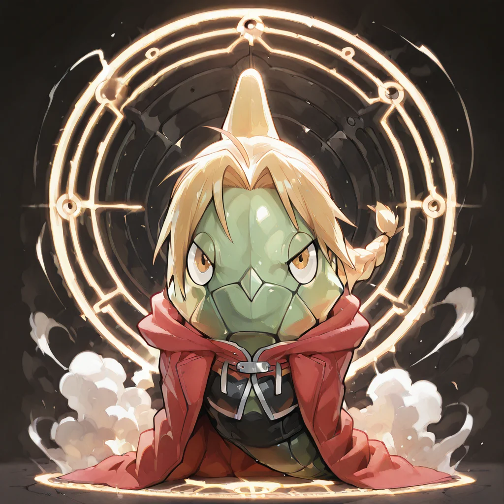 (masterpiece), (best quality), (ultra-detailed), green metapod, full body, front view, two eye visible, clothed pokemon, no hands, no, arms, no legs, no feet, Edward Elric, dorsal fin, blonde hair, yellow eyes, braid, single braid, braided ponytail, red coat, no pants, looking at viewer, anime, artwork, dust cloud, magic circle, electric thunder, shockwave, Fullmetal Alchemist, illustration, perfect composition, intricate details