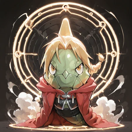 (masterpiece), (best quality), (ultra-detailed), green metapod, full body, front view, two eye visible, clothed pokemon, no hands, no, arms, no legs, no feet, Edward Elric, dorsal fin, blonde hair, yellow eyes, braid, single braid, braided ponytail, red coat, no pants, looking at viewer, anime, artwork, dust cloud, magic circle, electric thunder, shockwave, Fullmetal Alchemist, illustration, perfect composition, intricate details