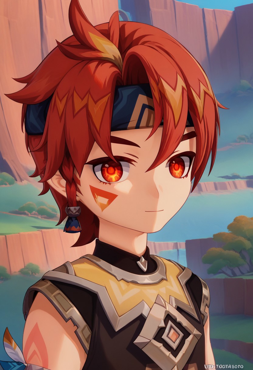 score_9, score_7_up, source_anime
mausau, 1boy, male focus, solo, red eyes, red hair, multicolored hair, streaked hair, headband, blue headband, braid, single braid, side braid, tattoo, facial tattoo, smile, portrait, closed mouth,
outdoor,