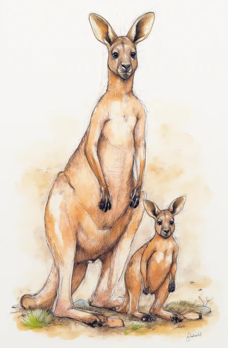 Sharp image of a rough sketch, rendered in vibrant multi colour ballpoint pen, capturing the adorable features of a mother kangaroo and her joey standing on a rocky ground. The mother is standing on her hind legs with her front legs stretched out in front of her, while the joey is standing next to her. Both animals are facing the camera and appear to be looking directly at the camera. The background is blurred, but it appears to be an open field with patches of grass and shrubs. The kangaroos are brown in color and have large, pointed ears.  p3nsk, <lora:p3nsk:1>