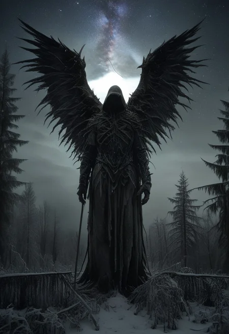 Silent death angel stands facing upcoming dark, sharp lines, extra arms, spreading his wings, detailed armor, extreamly detailed sword, detailed backgrounds, Winter forest, dense forest,starry sky, digital artwork by Beksinski, grainy, masterpiece, extremely detailed, lx, 32k, uhd, dark, low-key, in the style of Kelly Slate, vntblk, dark, digital artwork by Beksinski, ugly, terrible, detailxl, drkms, UHD, 8k, F2.8, RAW Photo, ultra detailed, sharp focus, clear (Style-EMCG:1.5)