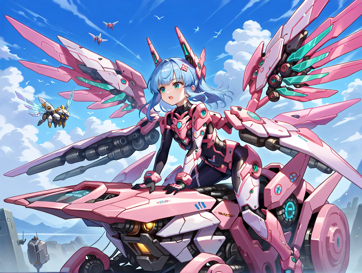 score_9, score_8_up, score_7_up,source_anime,
science fiction,floating, sky, leaning forward,holding huge weapon,
mechagirl01,solo,mecha musume,
1girl,mecha,bodysuit, armored core,
gloves,headgear,mechanical wings, straddling,
<lora:mechagirl-000002:0.7>