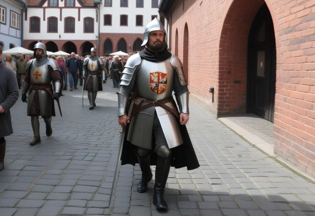 masterpiece, north german downtown, city guard, walking, medieval talbard, open helmet, beard, sword belt, shield, heraldry, focus on subject, sunshine, brick walls, cobblestone, detailed background, medieval crowd