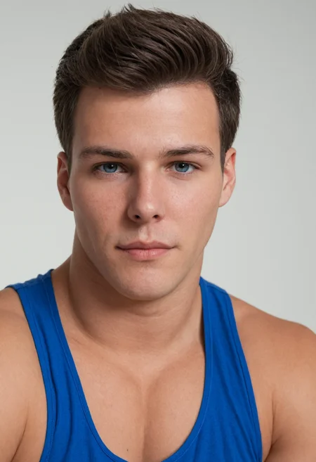 mdjperson <lora:mdj_sdxl_v1-000008:1>, close-up portrait, relaxed confident expression, wearing blue tank top, white background