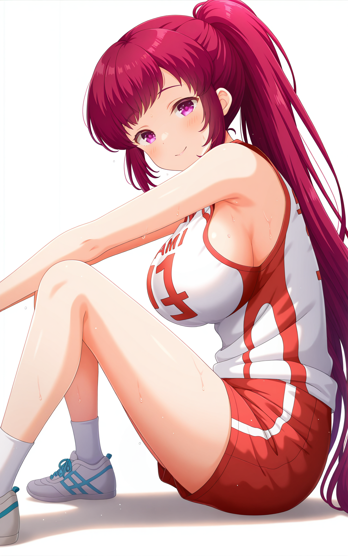 masterpiece, best quality, good quality, newest,4k, perfect lighting, cinematic, very aesthetic, official art, anime screencap, anime coloring,(((white background, simple background))),
1girl,solo,asami kei,long hair,purple hair,ponytail,purple eyes,large breasts,
volleyball uniform, sportswear,sleeveless shirt,red shorts,sideboob,
looking at viewer,seductive smile,sweat,sitting,knees up,knees together feet apart,arms at sides,from side,BREAK
<lora:ILkei:1>