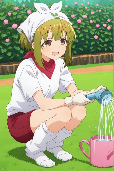 detailed background, official style,anime coloring, (anime screencap) masterpiece, detailed face,1girl <lora:Meme_Bashame_r2:0.8>Meme, white shirt, brown eyes, shirt, squatting, solo, green hair, gloves, smile, white gloves, red shorts, shorts, grass, bandana, open mouth, short sleeves, sidelocks, short hair, socks, white socks, outdoors, loose socks, watering can, garden, plant, nature, flowers, watering flowers