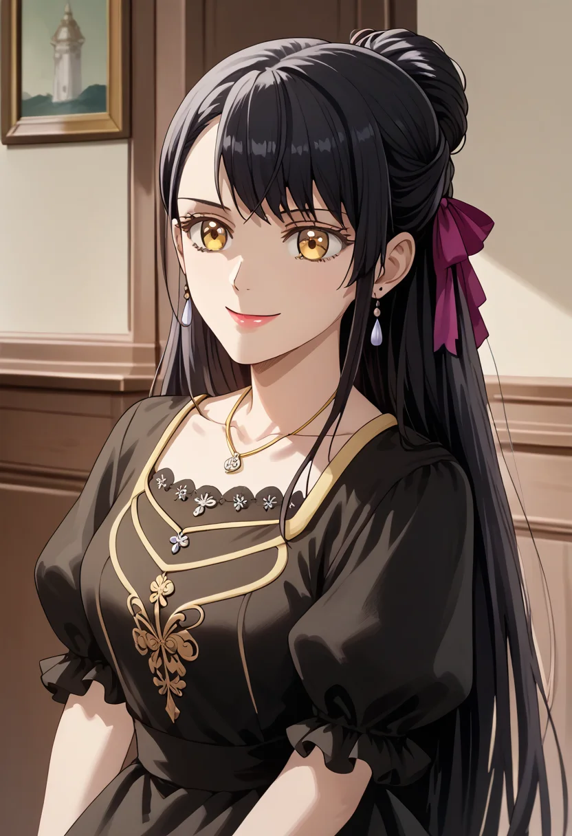 score_9, score_8_up, score_7_up, score_6_up, detailed, 1girl, solo, source_anime,
WilliamsAlicia<lora:WilliamsAlicia>, (black hair), long hair, golden eyes, jewelry,necklace, ribbon, hair ribbon, williamsalicia, alicia, Villainess, smile,
An oil-painting of a close-up portrait of a woman, gazing slightly upwards with a serene, ethereal expression. She wears lipstick, enhancing her fair, porcelain-like skin, black dress, updo, fullbody,