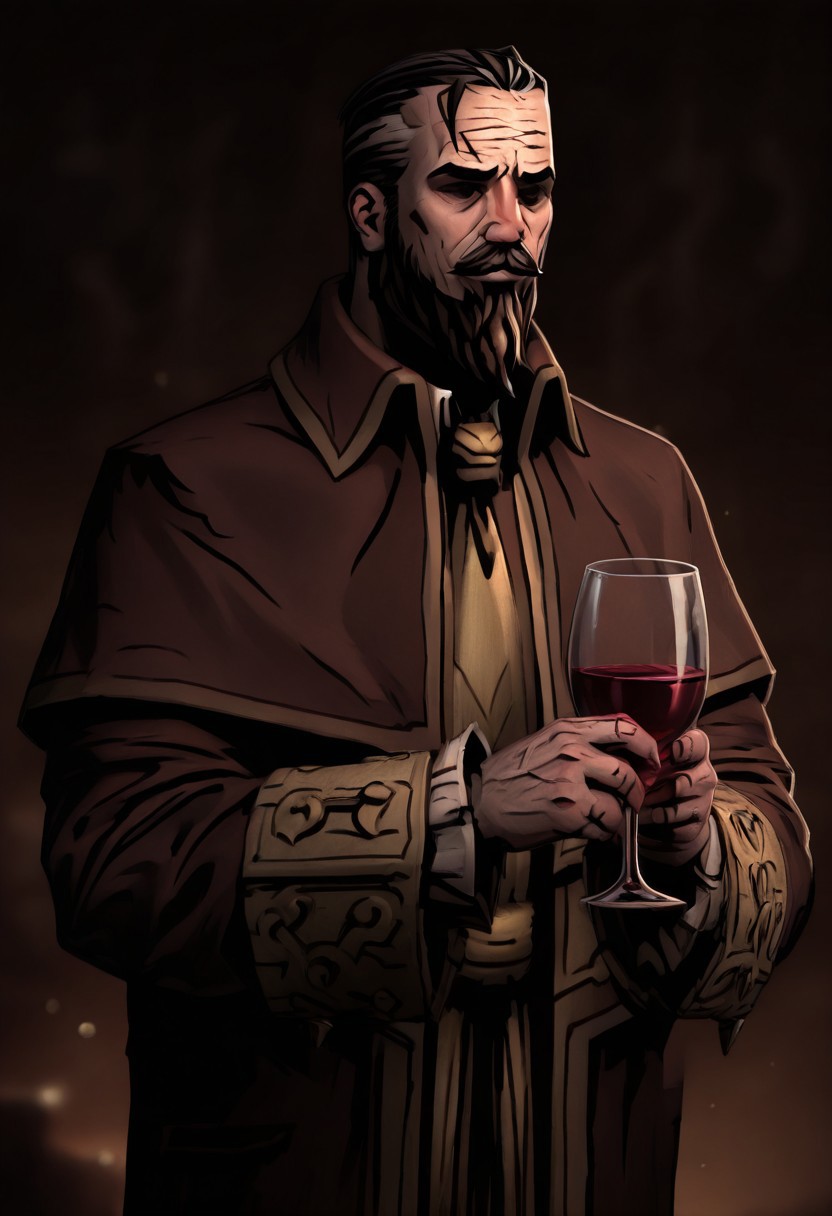 masterpiece, best quality, newest, absurdres, highres, DD2Style-IL.V1.0, black eyes, shaded eyes, 
A-LMWRE-V1.1, 1boy, old man, robe, buttoms, beard, mustache, facial hair, multicolored hair, coat, two-tone hair, long sleeves, brown robe, black hair,
wine, wine glass, drinking glass, holding glass,