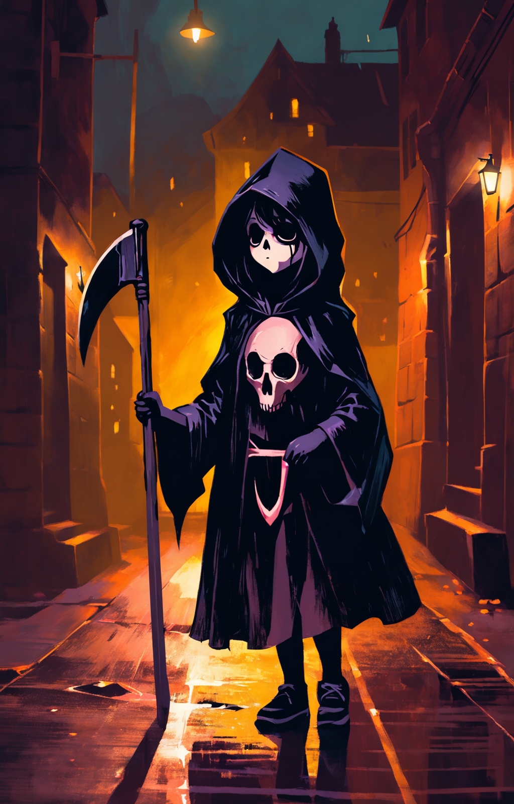 cute little girl as reaper, dark street, masterpiece, 8k, finest details, best quality, ambient light, low contrast, soft shadows, imperfections, ambient light, dark cellar,  cptrt style <lora:cptrt-step00002000:0.9>
