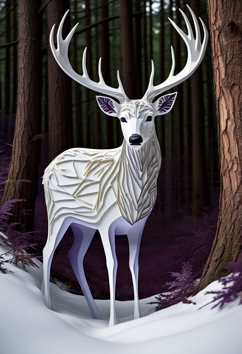 layered papercut, mysterious magestic white deer, on a papercut forrest floor trail, papercut deer with big antlers, fading backlit background, (svannah fading white/yellow to deep purple), by Minjae Lee, Carne Griffiths, Emily Kell, Steve McCurry, Geoffroy Thoorens, Aaron Horkey, Jordan Grimmer, Greg Rutkowski, amazing depth, double exposure, surreal, geometric patterns, intricately detailed, bokeh,  perfect balanced, deep fine borders, artistic photorealism , smooth,  great masterwork by Suiras  <lora:add-detail-xl:2>  <lora:Double_Exposure:0.5>