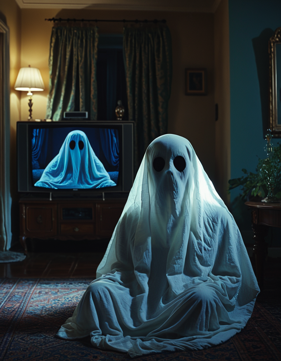 cinematic still ghostlora, ghost, watching tv . emotional, harmonious, vignette, 4k epic detailed, shot on kodak, 35mm photo, sharp focus, high budget, cinemascope, moody, epic, gorgeous, film grain, grainy, ghostlora, ghost, watching tv, full quiet, elegant, intricate, highly detailed, sharp focus, surreal, perfect composition, beautiful light, stylish background, innocent, vibrant colors, inspired, new, symmetry, great, aesthetic, shiny, glowing, rich deep complex artistic color, colorful, pleasing atmosphere, creative, cinematic, grand lucid, fantastic, epic, enhanced
