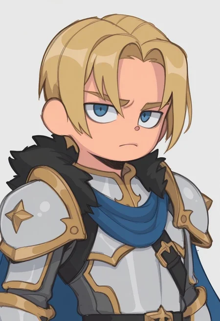 sslt,

1boy, solo, bangs, serious, pauldrons, upper body, blonde hair, short hair, blue eyes, parted bangs, closed mouth, shoulder armor, blue cape, grey armor, black belt, armor, male focus, cape, fur trim, fur collar, looking at viewer, shiny, gold trim, belt, belt buckle