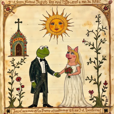 Illuminated manuscript illustration of Kermit the frog in a tuxedo, marrying miss piggy in a wedding dress, in front a chapel. The aged parchment is inscribed with Latin script annotations, describing the entire cast of The Muppets are observing the wedding. A sun hangs above, having the face of Wocka Wocka the Muppet, shining above the scene. The scene is framed by ornate golden borders and flourishes, with ink and pigment detailing adding vibrancy to the Muppets.
