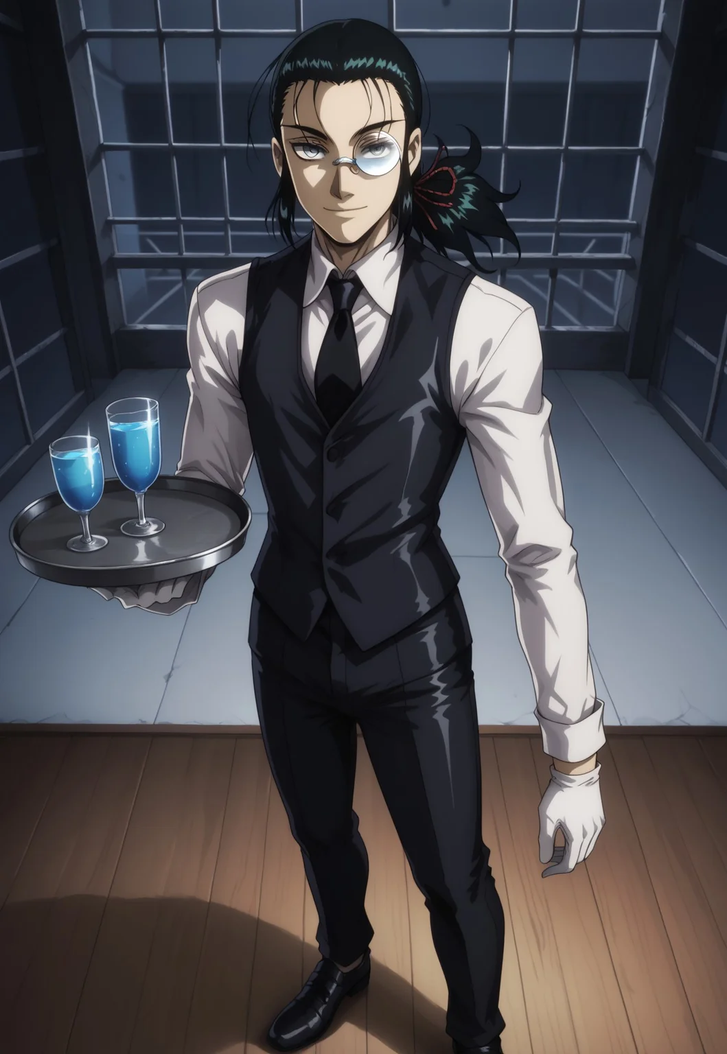 masterpiece, best quality, amazing quality, 1Boy, DarkWalter, solo, 1boy, male, black hair, ponytail, hair pulled back, hair ribbon, blue eyes, monocle, round eyewear, white shirt, black vest, black necktie, white gloves, black pants, black shoes, smile, looking at viewer, standing, holding tray, drinking glass, perspective, indoors, manor, from above