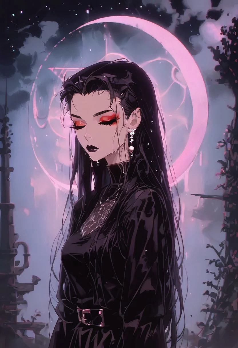 easynegative, Vintage, 1990s \(style\), Expressiveh, g0thicPXL, glowing, neon,
1woman, dark theme, (painterly:1.2, pastel \(medium\):1.3), portrait, <lora:add-detail-xl:1>, masterpiece,best quality, absurdres, black hair, long hair, wet hair, hair slicked back, (head tilted back), closed eyes, red eyeshadow, fading eyeshadow, black lips, closed mouth, black dress, tight dress, wet dress, long sleeves, hair behind ear, pearl earrings, water drops, water trail, emerging from water, reflective water, tall reeds, moonlight, crescent moon, starry sky, elegant posture, soft shadows, eerie atmosphere, teal atmosphere, ethereal, mythical presence, gothic beauty, highly detailed, moody from side, side profile