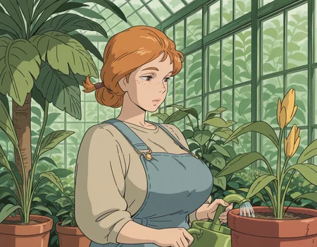 1girl, mature female, large breasts, freckles, curly_orange_hair, overalls, watering_plants, greenhouse_jungle, upper body, solo,
, <lora:GhibliV3:1>, best quality, absurdres, flat colors