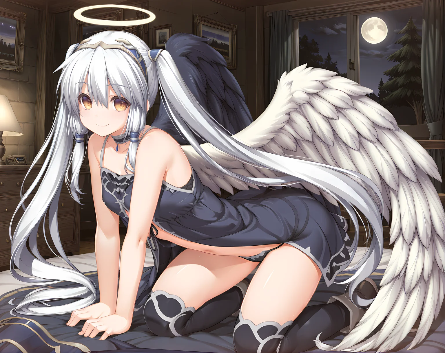 metisana,mbase outfit,small breasts,twintails,halo,angel,angel wings,solo,moon,full body,bedroom,tree,smile,<lora:Tenbin_no_La_DEA_Character_Pack_1:0.9>,indoors,night,bare shoulders,bare arms,black panties,, masterpiece,best quality,amazing quality, very aesthetic, absurdres,detailed eyes,ultra-detailed,