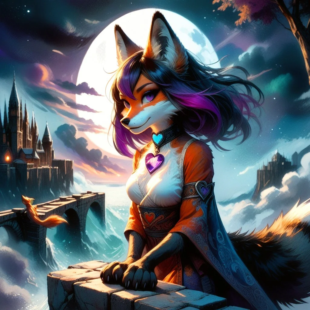 score_9, score_8_up, score_7_up, score_6_up, score_5_up, score_4_up, sfxm, csdb, castle background, stone bridge, bright moon, dark colorful cloudy skies, anthro, female furry, fox, fox tail, fox ears, body fur, fluffy, (paws:1.6), small claws, moon, trees, sitting, tunic, cape, scarf, heart-shaped pendant, leg wrap, bandages, eyes closed, (black hair, (violet highlights:1.5)), (medium breasts:2)