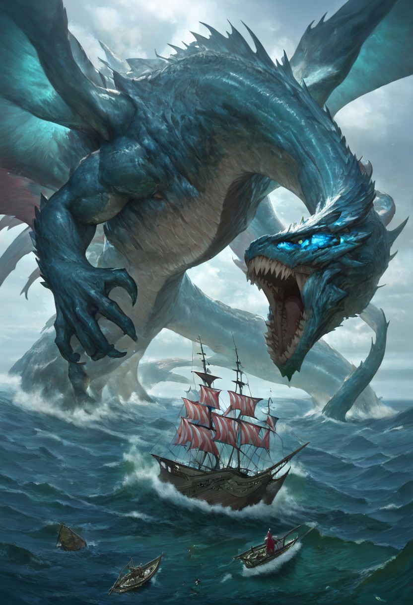 masterpiece, best quality, newest, absurdres, highres, AQDRV1.0, dragon, ocean, wings, teeth, sharp teeth, monster, giant, sea, ship, battle,