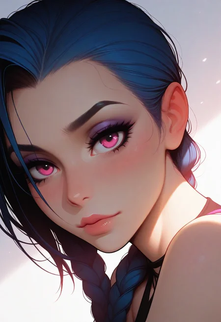 masterpiece, best quality, amazing quality, very aesthetic
Artist : Tsuaii, Artist : Incase, flat colors,
1girl, close up, portrait, face focus, looking at viewer,
jinx,
(neutral white background), dynamic lighting,