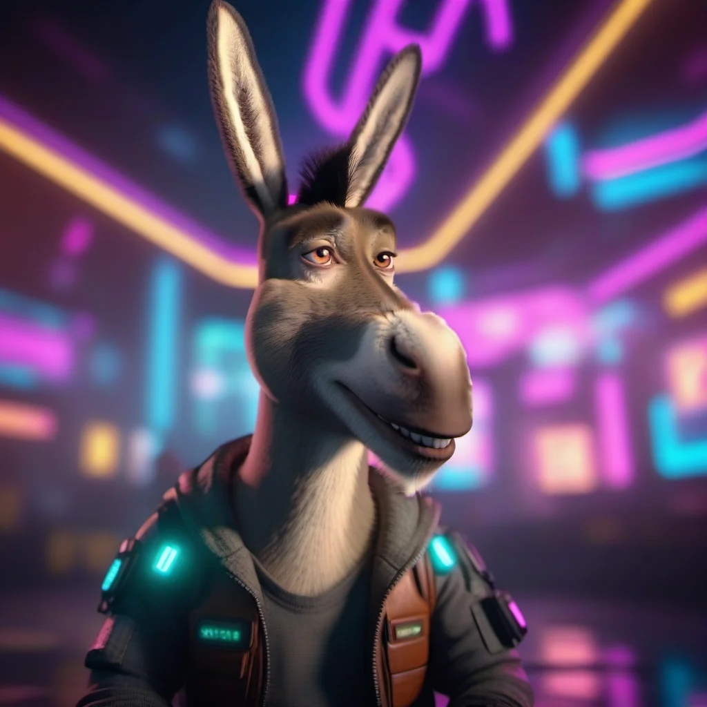 cinematic photo a donkey with a cyberpunk clothing style, alien technology, neon lights, cyberpunk background <lora:Donkey1024:0.8> . 35mm photograph, film, bokeh, professional, 4k, highly detailed
