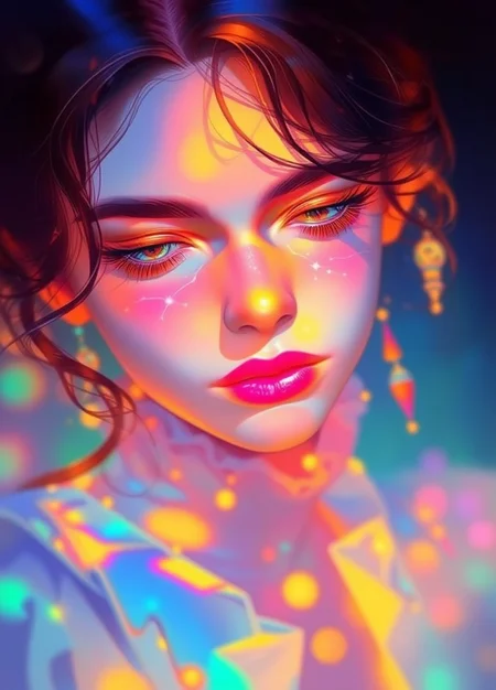 a girl with high saturate color tone
a digital ethereal quality image, healing atomosphere
it is a vibrant, dreamy, whimsical and clear masterpiece full of details and high quality creating a serene and peaceful scene with glistening lights.