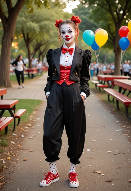 (medium full shot) of  (attractive clown) young woman, red plastic nose, white face paint, hair in braids,  wearing a black  satin tailcoat,oversized colorful pants,polka-dot shoes, balloon animals, glitter makeup, set in  public park, Picnic Area, Shaded spot with picnic tables, benches, trash bins, barbecue grills, nearby trees providing a cool breeze, at sunset, woman smiling at the viewer, Masterpiece,best quality, photo, realistic, very aesthetic, detailed face,