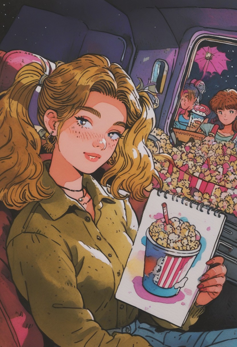 Score_9, score_8_up, score_7_up, score_6
(source_cartoon, source_anime, copic marker, watercolor_effect, marker, inking, drawing, vivid, colorful, flat_color:1, retro_artstyle:1, 1990s_(style) )
close-up, cartoon, 2girls, jill stingray, twintails, dana zane, in cinema, clothed, clothing, looking at viewer, smile, starry sky, dark background, inside cinema, popcorn,