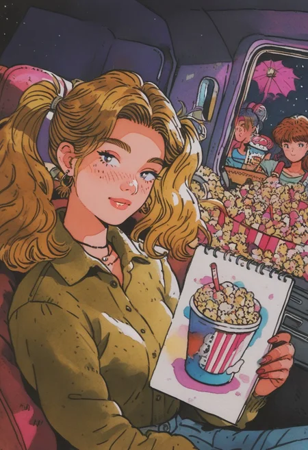 Score_9, score_8_up, score_7_up, score_6
(source_cartoon, source_anime, copic marker, watercolor_effect, marker, inking, drawing, vivid, colorful, flat_color:1, retro_artstyle:1, 1990s_(style) )
close-up, cartoon, 2girls, jill stingray, twintails, dana zane, in cinema, clothed, clothing, looking at viewer, smile, starry sky, dark background, inside cinema, popcorn,