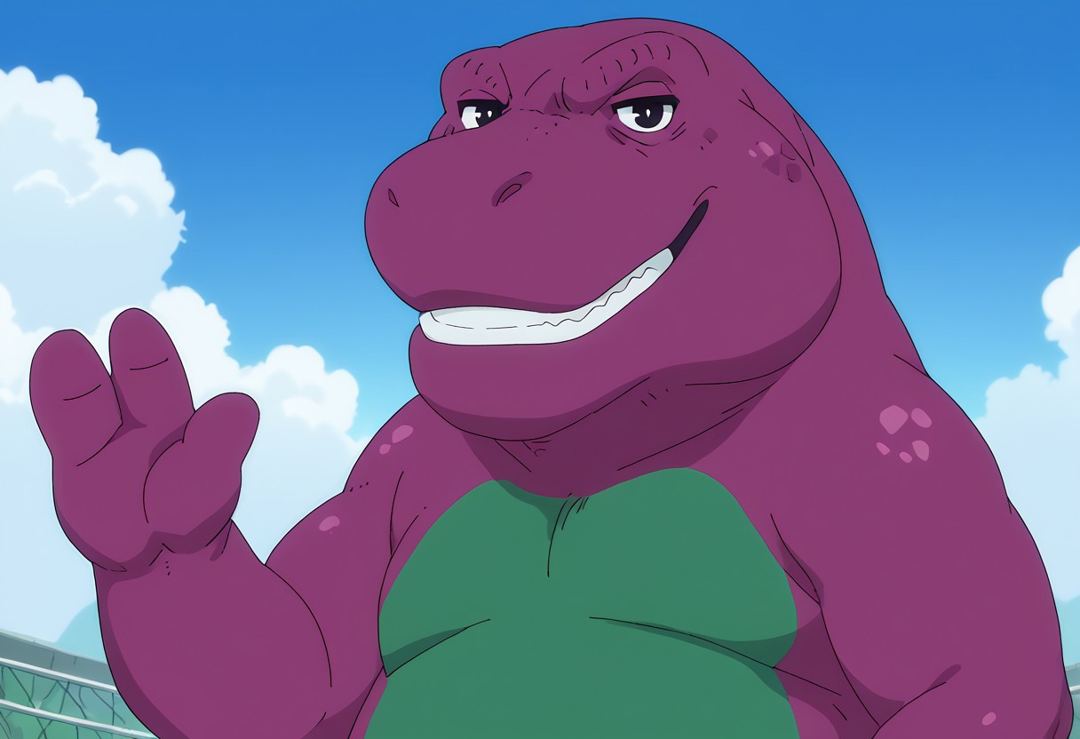 barneydinosaur, score_9, score_8_up, score_7_up, score_6_up, score_5_up, score_4_up, source_furry, hi res, sfw, 2d artwork, solo, 1boy, anime screencap, 

anthro, biped, dinosaur, scalie, tyrannosaurus rex,, fat, chubby, purple body, green belly, white teeth, black eyes, short arms, (two fingers), huge body,

portrait, serious expression, looking at viewer, from side, waving,

daylight, blue sky, clouds