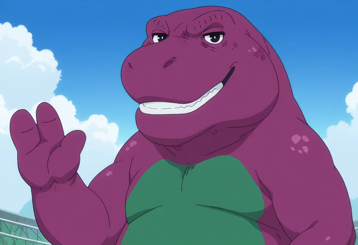 barneydinosaur, score_9, score_8_up, score_7_up, score_6_up, score_5_up, score_4_up, source_furry, hi res, sfw, 2d artwork, solo, 1boy, anime screencap,
anthro, biped, dinosaur, scalie, tyrannosaurus rex,, fat, chubby, purple body, green belly, white teeth, black eyes, short arms, (two fingers), huge body,
portrait, serious expression, looking at viewer, from side, waving,
daylight, blue sky, clouds